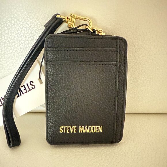 NWT STEVE MADDEN BPIPPER ZIP AROUND CARD CASE WRISTLET CLUTCH BAG BLACK - Picture 1 of 5